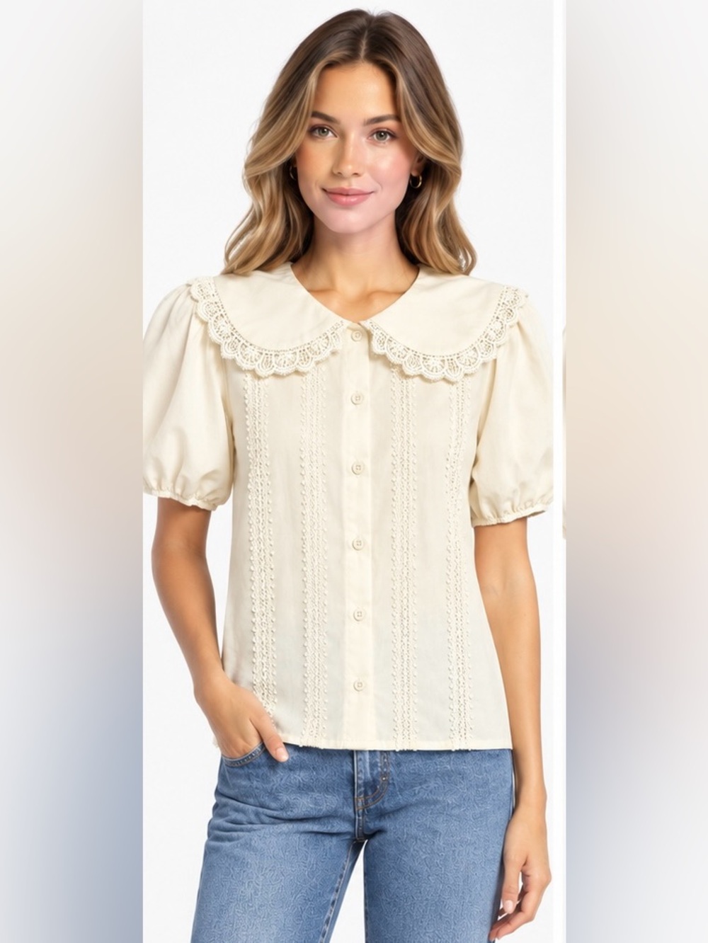 Cocobleu New York Cream Lace Peter Pan Collar Blouse NWT Medium